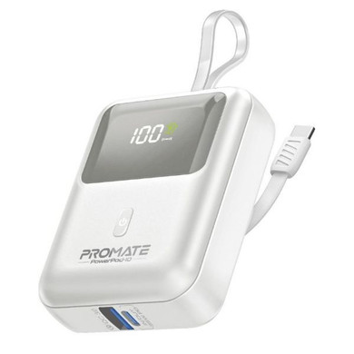 PROMATE 10000mAh Ultra Compact 35W SuperSpeed Power Bank Built-in USB-C & Lightning Cables. 35W (POWERPOD-10-WHT)