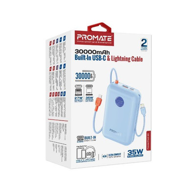 PROMATE 30000mAh Ultra Compact 35W SuperSpeed Pwr Bank w Built-in USB-C & Lightning Cables. 35W (POWERPOD-30-BL)