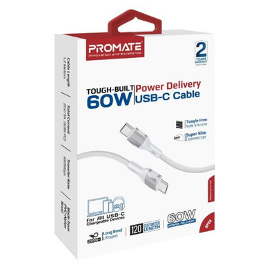 PROMATE 1.2m 60W PD USB-C to USB-C Tough-Built Cable. Supports up to 480Mbps Slim (FLETCHLINK-CC-GR)