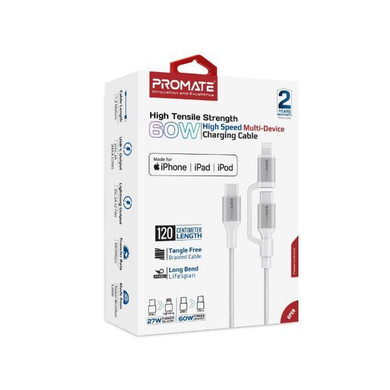 PROMATE 1.2m 60w MFi Certified 2-in-1 USB-C Sync & Charge 1x USB-C & 1x Lightning (POWERLINK-CCI-WT)
