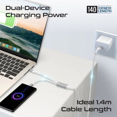 PROMATE 1.4M 140W PD USB-C to Dual USB-C Charging Cable. White (POWERLINK-3C-WHT)