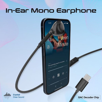 PROMATE Mono In-Ear Wired Earphone with USB-C Connector. In-Line Microphone & Volume (MONOPOD-C-BLK)
