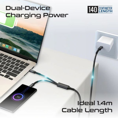 PROMATE 1.4M 140W PD USB-C to Dual USB-C Charging Cable. Black (POWERLINK-3C-BLK)