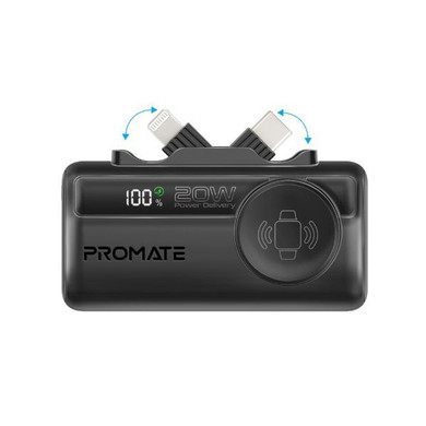 PROMATE 5000mAh Ultra-Compact Fast Charging Power Bank In-Built Dual Folding USB-C & Lightning (POWERUP-TRIO-BLK)