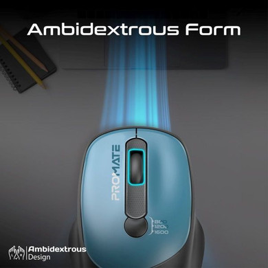 PROMATE EZGrip Ambidextrous Ergonomic Wireless Mouse. 800/1200/1600Dpi Plug & Play (UNIGLIDE-BL)