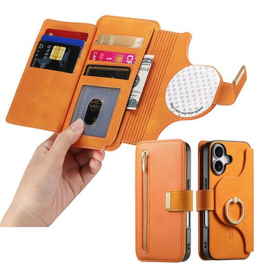 Universal Magnetic Detachable Flip Wallet Case (FLP) [ Medium 6.7 inch - Orange ]