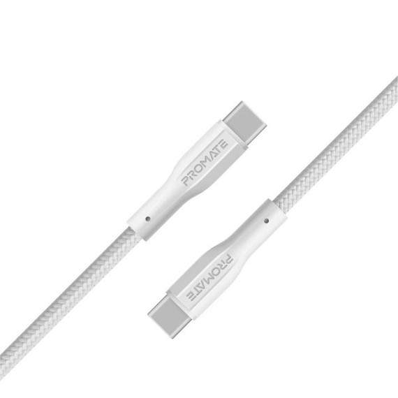 PROMATE 1M USB-C to USB-C Super Flexible Cable. Supports 2A Charging & 480Mbps Data Transfer. White Colour.  