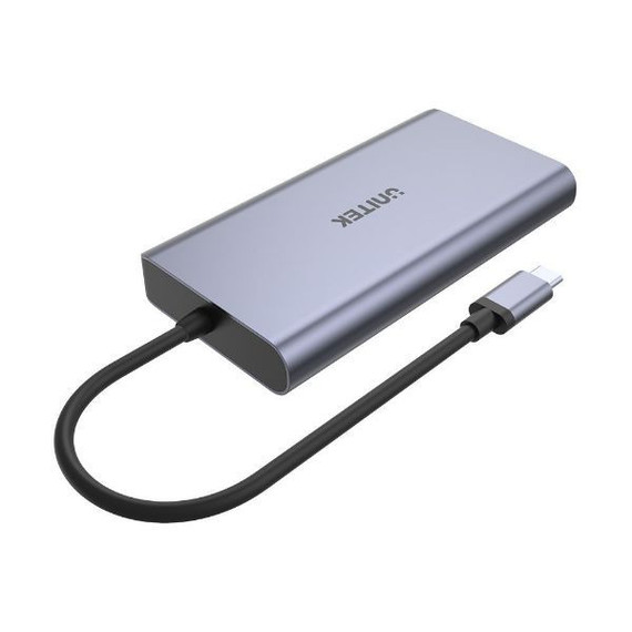 UNITEK 7-in-1 USB 3.1 Multi-Port Hub with USB-C Connector. Includes 1x HDMI Port, 1x DisplayPort, 2x USB-A Ports, 1x RJ45 Gig Port, 1x Card Reader & USB-C PD 100W.  Space Grey Colour.