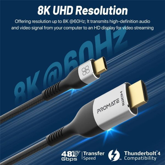 PROMATE 1.8m USB-C to HDMI Cable Supports up to 8K@60Hz UHD Res & 48Gbps Data Transfer Speed. Easy Plug & Play. Silver/Black Colour.  