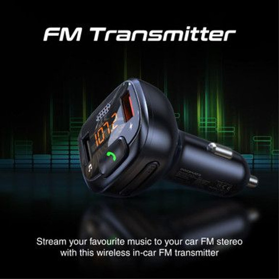 PROMATE Wirless In-Car FM Transmitter with Handsfree & QC3.0. Bult-in Mic, Bluetooth, SD Card Slot, Frequency Range 87.5-108MHz, Output 5V/2.4A. Black Colour