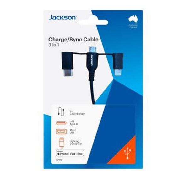 JACKSON 1m MFi Certified 3-in-1 Sync & Charge Cable. Includes Micro USB, USB-C & Lightning Connectors.