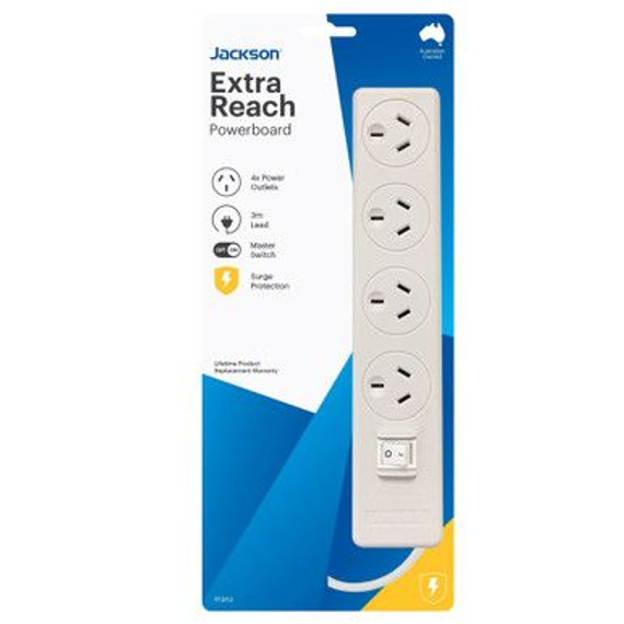 JACKSON 4-Way Powerboard with Surge & Overload Protection. 3m Power cord JACKSON 4-Way Powerboard with Surge & Overload Protection. 3m Power cord