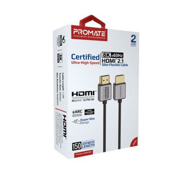 PROMATE 1.5M HDMI 2.1 Ultra HD Super Slim Audio Video Cable. Supports up to 8K@60Hz. Supports Dynamic HDR & eARC. Up to 48Gbps. Gold Plated Connectors. Black Cable. PRIMELINK8K-150 PROMATE 1.5M HDMI 2.1 Ultra HD Super Slim Audio Video Cable. Supports up to 8K@60Hz. Supports Dynamic HDR & eARC. Up to 48Gbps. Gold Plated Connectors. Black Cable. PRIMELINK8K-150