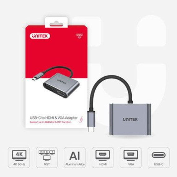 UNITEK USB-C to HDMI 2.0 & VGA Adapter with MST Dual Monitor Support.