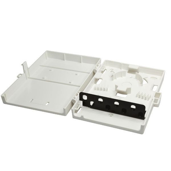 DYNAMIX Fibre Wall Enclosure 8 Port ST Simplex Unloaded. Dimensions: 183 x 129 x 39mm (HxWxD)