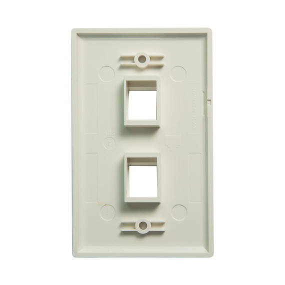 DYNAMIX Dual Port Face Plate for RJ45 110 Keystone Jacks. NOTE Jack pins at top of plate when installed vertically - on side when installed horizontally.
