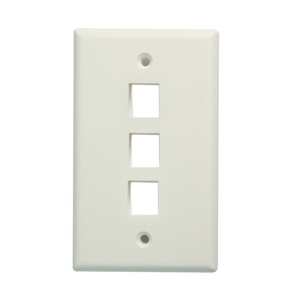 DYNAMIX Triple Port Face Plate for RJ45 110 Keystone Jacks. NOTE Jack pins at top of plate when installed vertically - on side when installed horizontally.