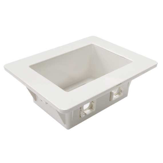 DYNAMIX Recessed Wall Box with 2x AMDEX style outlets and 1x GPO Slot. Suitable for 70 & 90mm wall cavities. For plaster walls only. Outside face: 185 x 145mm. Recess: 166 x 100mm. Depth: 63mm.