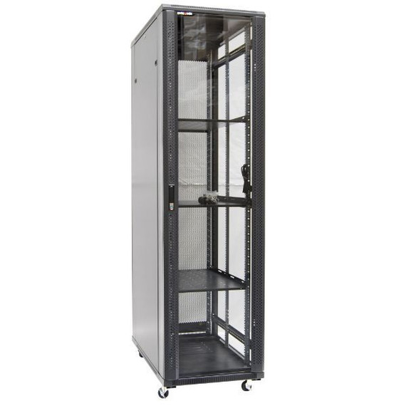 DYNAMIX 42RU Server Cabinet 800mm Deep (600 x 800 x 2077mm). Includes 3x Fixed Shelves - 4x Fans - 25x Cage Nuts - 4x Castors & 4x Level Feet. 800kg static load. Glass front door mesh rear door. 6-Way PDU installed