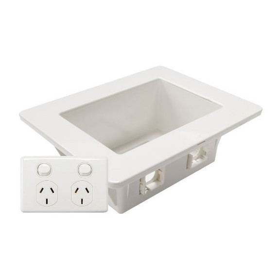 DYNAMIX Recessed Wall Box with 2x AMDEX style outlets. Incl. 2x ports switched GPO. Suitable for 70 & 90 mm wall cavities. For plaster walls only. Outside face: 185 x 145mm. Recess: 166 x 100mm. Depth: 63mm.
