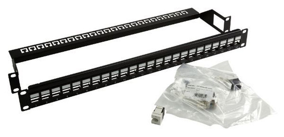 DYNAMIX Cat6A 180 Unshielded Keystone patch panel -  24 Port with cable management - 1U Unloaded Panel with 24x FP-C6AUTP-02BK Keystone Jacks