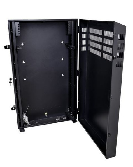 DYNAMIX 8RU Vertical Wall Mount Cabinet with 2RU Horizontal Mounting Rails. (650 x 410 x 1070mm external). Lockable front door. door. Front and side ventilation slots. Black