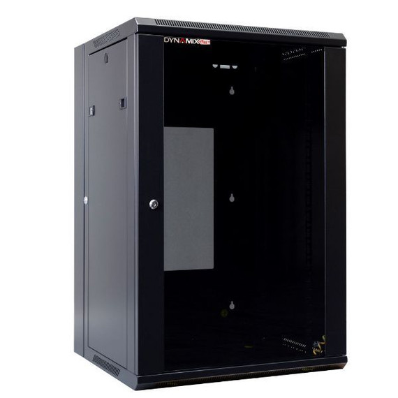 DYNAMIX LITE 18RU Swing Wall Mount Cabinet. Right hand mounted. The LITE version excludes fixed shelves and fans. Includes 10x cage nuts. Gloss black colour.
