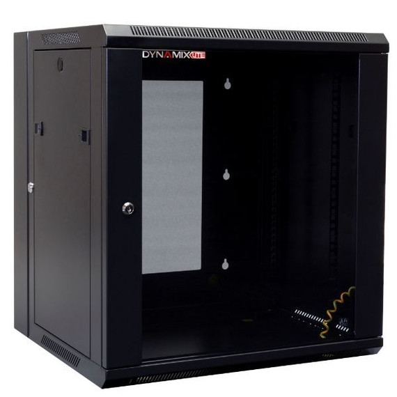 DYNAMIX LITE 12RU Swing Wall Mount Cabinet. Right hand mounted. The LITE version excludes fixed shelves and fans. Includes 10x cage nuts. Gloss black colour.
