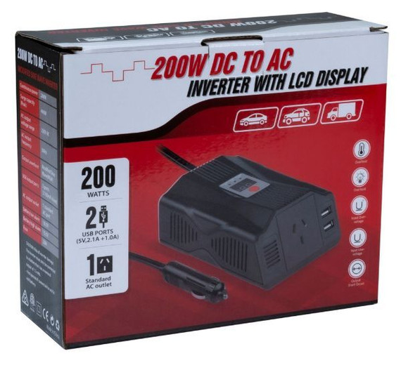 DYNAMIX 200W Power Inverter DC to AC. Input: 12V DC - Output: 230V AC Modified Sine Wave - Incorporates Two USB power ports: 2.1A & 1A. High/Low Voltage and Overload