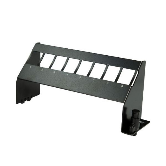 DYNAMIX 8-Port Angled Mounting Blank Panel. Designed for Installation of Keystone Snap-in Modules and RJ-45 Jacks. Angled Design for Easy Cable Routing. Size: 6.3” W x 2” H