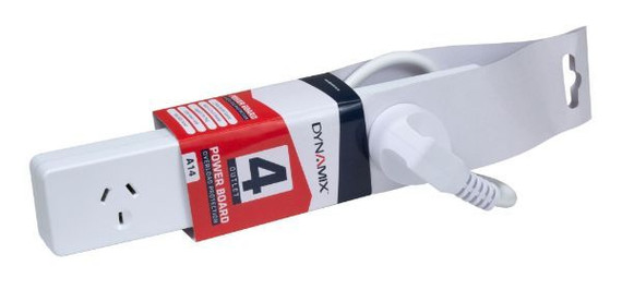 DYNAMIX 4-Way Powerboard. 2x ports are double spaced. 0.9m Power cord. Overload Protection with Built in Circuit Breaker. Angled 3 Pin Plug. 10A/240V. Ideal for Printers - Computers - Laptops - TV''s & more.