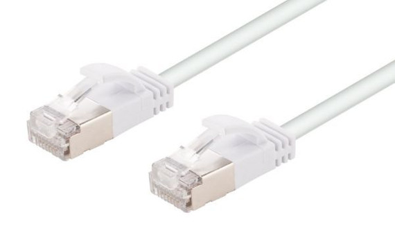 DYNAMIX 3m Cat6A S/FTP White Ultra-Slim Shielded 10G Patch Lead (34AWG) with RJ45 Gold Plated Connectors. Supports PoE IEEE 802.3af (15.4W).