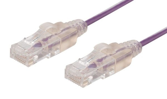 DYNAMIX 1.5m Cat6A 10G Purple Ultra-Slim Component Level UTP Patch Lead (30AWG) with RJ45 Unshielded Gold Plated Connectors. Supports PoE IEEE 802.3af (15.4W).