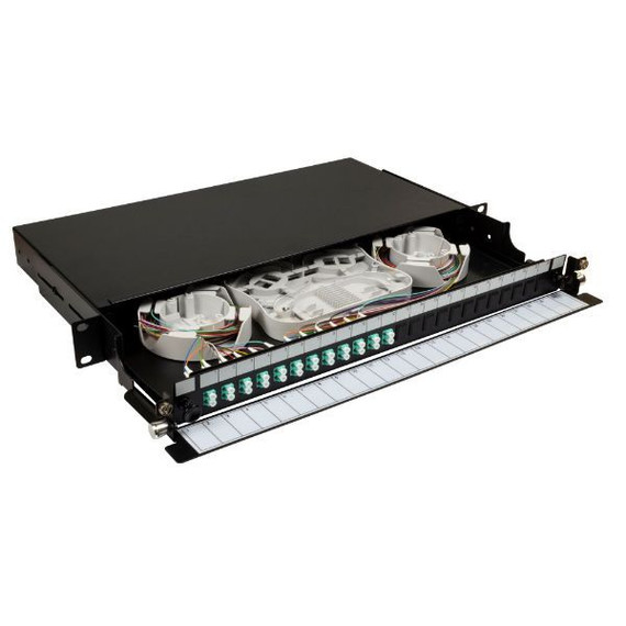 DYNAMIX 19'' 1U Fibre Tray 24C LC MM FULLY LOADED w 24x LC Elite OM4 Pigtails 12x LC Duplex Aqua Coupler Splice Cassette - Cable management Sliding Tray with front face Protection labelling Kit