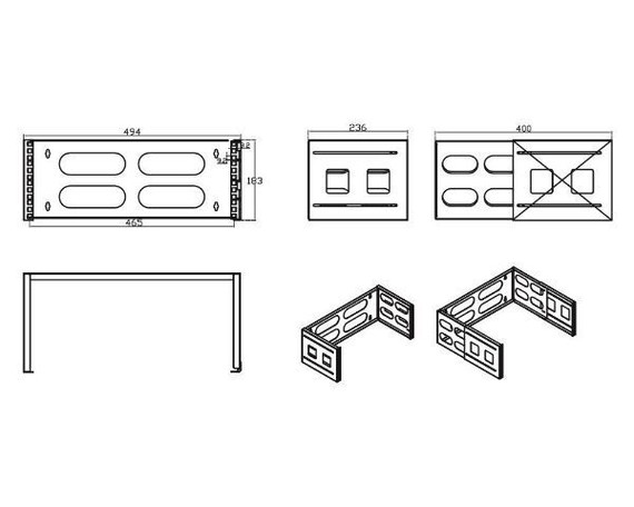 DYNAMIX 4RU 19'' Wall Mount Foldable Bracket. Includes Top & Bottom Covers. Adjustable Depth up to 400mm. Max Load 12Kgs. Dimensions 494x183 (WxH). Adjustable arms 236 to 400mm. Colour Black.