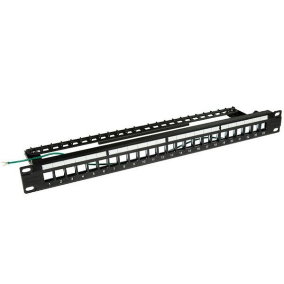 DYNAMIX Horizontal 19 1RU Unloaded 24 Port STP Patch Panel - with Rear Cable Management bar. Includes Earthing Wire and Plastic Labelling Kit. RoHS - Numbered 1-24