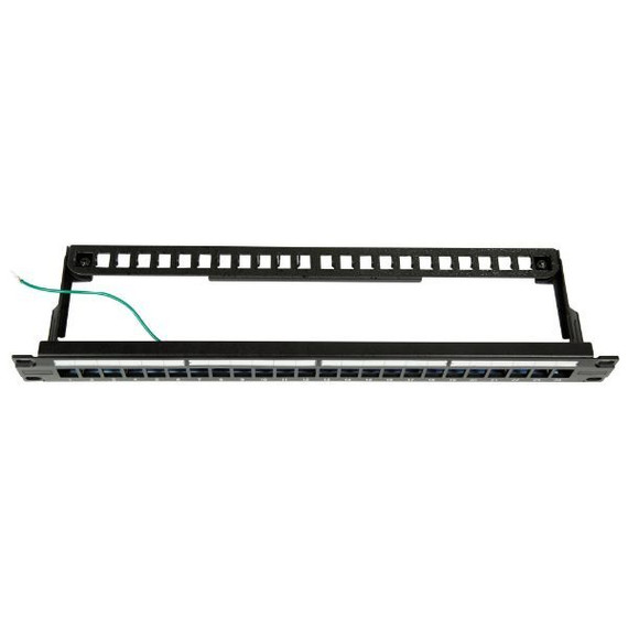 DYNAMIX Horizontal 19 1RU Unloaded 24 Port STP Patch Panel - with Rear Cable Management bar. Includes Earthing Wire and Plastic Labelling Kit. RoHS - Numbered 1-24