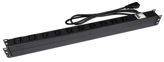 DYNAMIX 10 Outlet Vertical Power Rail (8x 10A IEC C13 & 2x 16A IEC C19). with 6KA C-Curve Circuit Breaker. Integrated 2m power cord (16A IEC C20) 0RU. Colour Black.