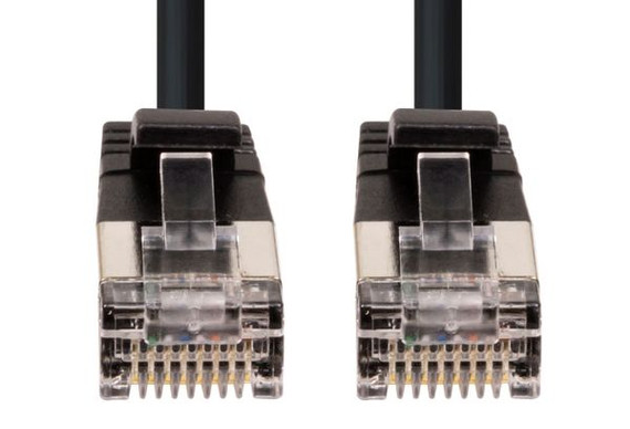 DYNAMIX 1.5m Cat6A S/FTP Black Ultra-Slim Shielded 10G Patch Lead (34AWG) with RJ45 Gold Plated Connectors. Supports PoE IEEE 802.3af (15.4W).