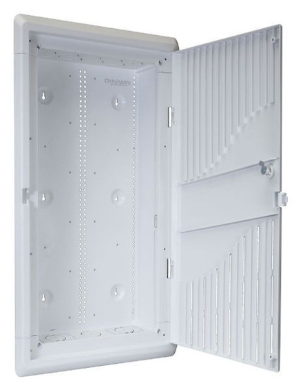 DYNAMIX 28'' Recessed Plastic Network Enclosure - WiFi Ready - Slim Vented Lid - Dual GPO and Cable Entry Knock Outs.