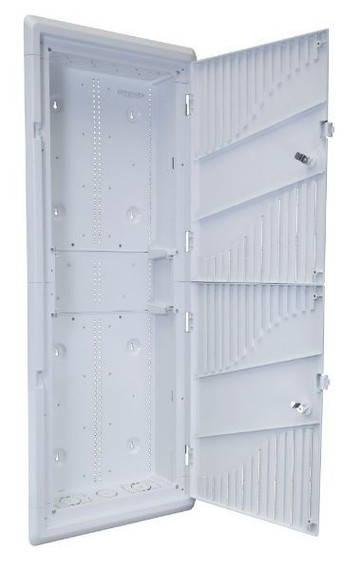 DYNAMIX 42'' Recessed Plastic Network Enclosure - WiFi Ready - Slim Vented Lid - Dual GPO and Cable Entry Knock Outs.