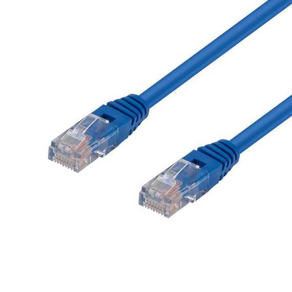 DYNAMIX 7.5m Cat5e Blue UTP Patch Lead (T568A Specification) 100MHz 24AWG Slimline Moulding & Latch Down Plug with RJ45 Unshielded Gold Plated Connectors.