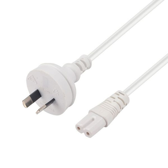 DYNAMIX 2M 2-Pin plug to C7 Figure 8 connector. 7.5A. SAA approved power cord. 0.75mm copper core. WHITE Colour. DYNAMIX 2M 2-Pin plug to C7 Figure 8 connector. 7.5A. SAA approved power cord. 0.75mm copper core. WHITE Colour.