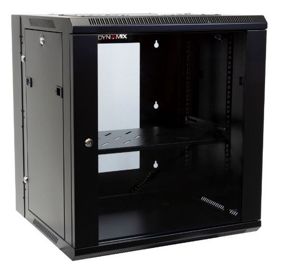 DYNAMIX 12RU 600mm Deep Universal Swing Wall Mount Cabinet. Removable Backmount (600 x 600 x 635mm). Includes 2x fans - 1x fixed shelf - 10x cage nuts. 6-Way PDU Installed. Gloss black colour.