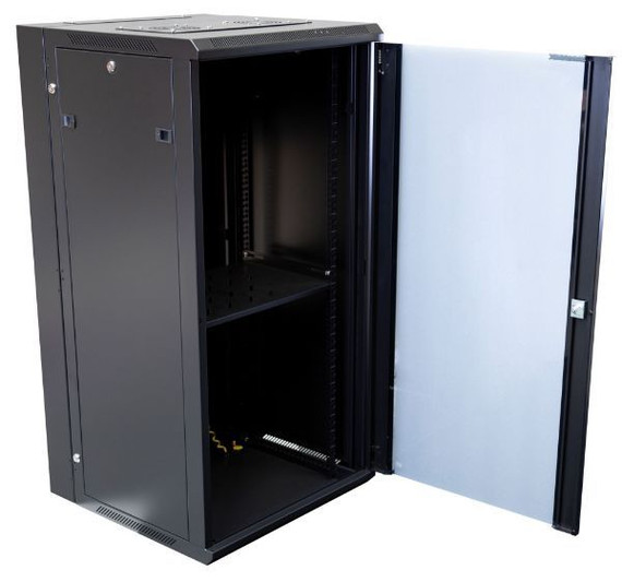 DYNAMIX 24RU 600mm Deep Universal Swing Wall Mount Cabinet. Removable Backmount (600 x 600 x 1167mm). Includes 2x fans - 1x fixed shelf - 10x cage nuts. 6-Way PDU installed. Gloss black colour.