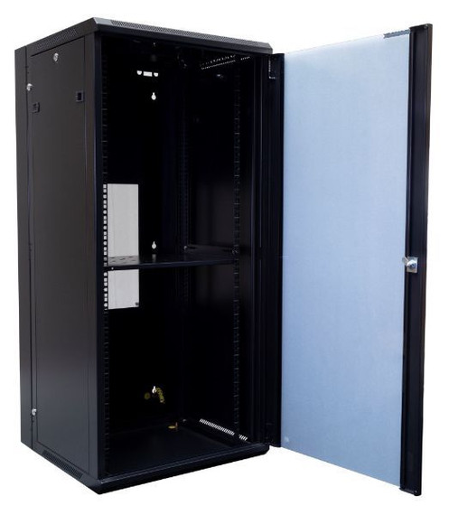 DYNAMIX 27RU 600mm Deep Universal Swing Wall Mount Cabinet. Removable Backmount (600 x 600 x 1365mm). Includes 2x fans - 1x fixed shelf - 10x cage nuts. 6-Way PDU installed. Gloss black colour.
