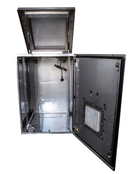 DYNAMIX 9RU Stainless Vented Outdoor Wall Mount Cabinet (611x625 x515mm). SUS316 Stainless Steel Construction. IP45 rated. Supplied with dual extractor fans & input/output air filters.