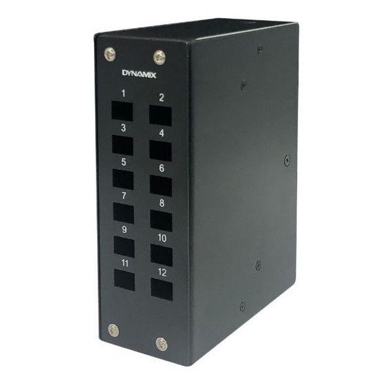 DYNAMIX 12 Port DIN Rail Fibre Enclosure LC Duplex / SC Simplex. Includes Cable Gland, DIN Rail Mounting Clip, Central Strain Relief Anchor, 1x Splice Holder 12 Positions. Dims 55x160x124mm