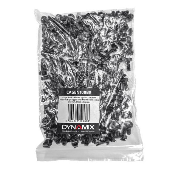DYNAMIX 100pc Pack, 3 Piece Cage Nut. Bagged with M6 12x cross screw & nut. Colour Black