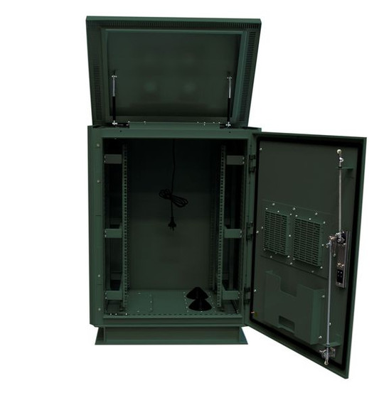 DYNAMIX 27RU Outdoor Freestanding Cabinet. (800 x 800 x 27U) IP45 rated. Angled pivoting rain hood. Double 25mm heating protection. Includes 10x cage nuts. Forest Green Colour
